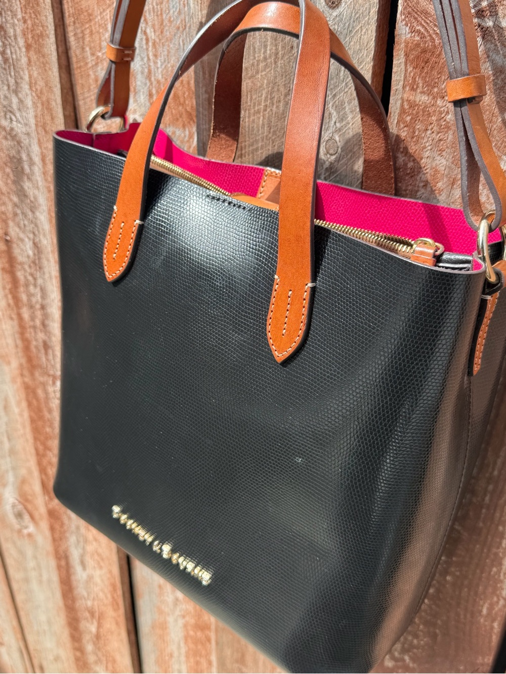 Dooney & Bourke Black Leather Messenger Tote with Brown Accents - Picture 2 of 4